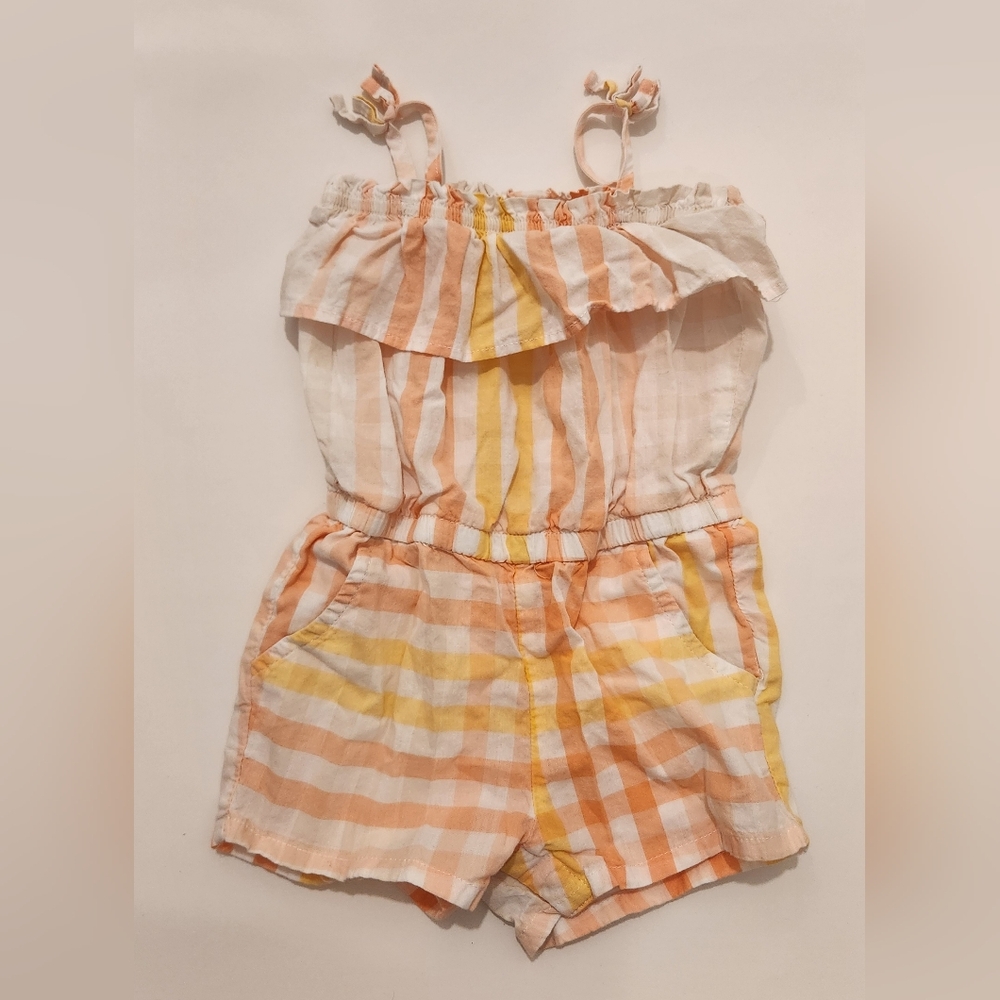 OshKosh B'gosh 100% cotton Baby Girl plaid orange yellow Romper Shorts 12 months